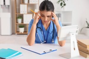 Concerned nurse at desk worried about losing nursing license